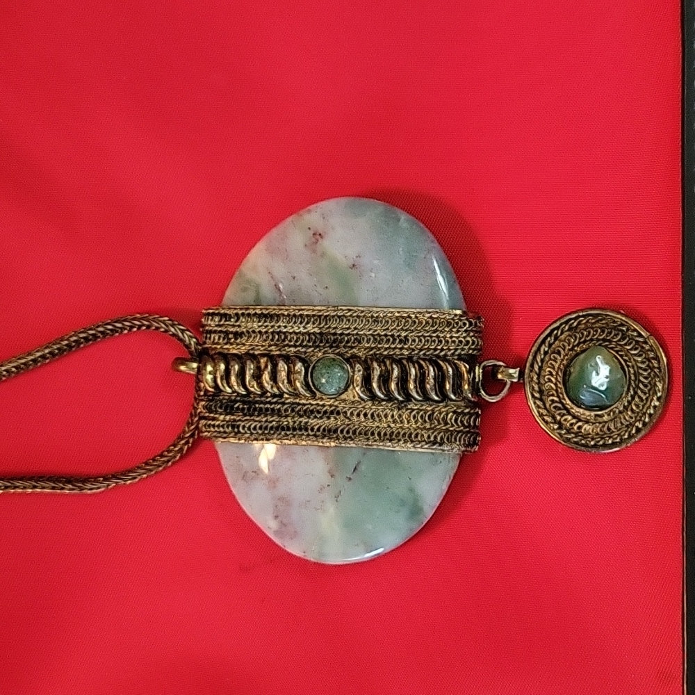 Vintage Brass/with 2" Polished stone Bohemian necklace Beautiful